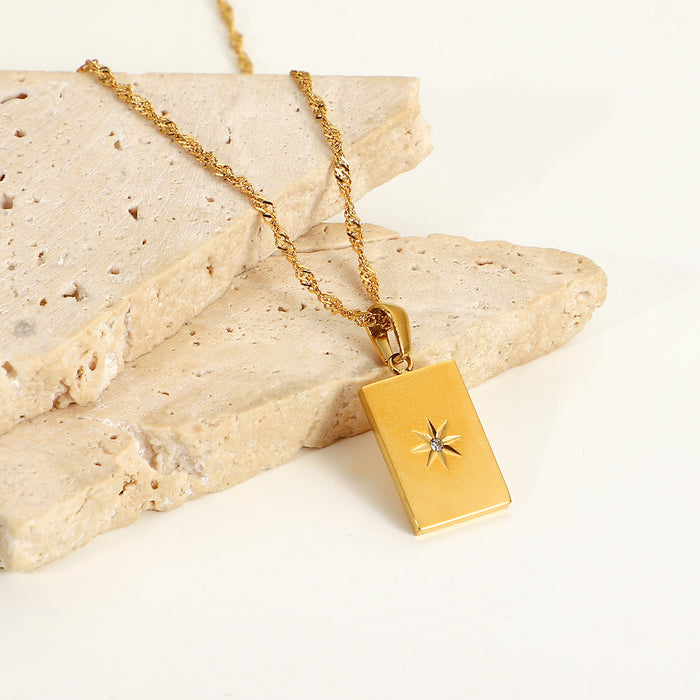 18K Gold-Plated Stainless Steel Round Pendant Necklace with Star Inlay