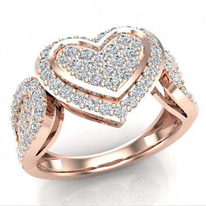 Rose gold plated heart full diamond ring luxury European and American ring