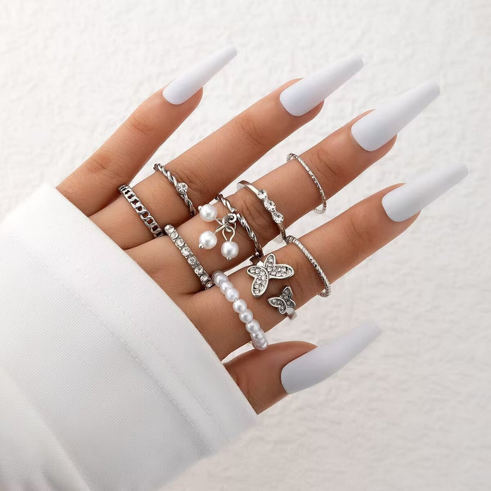 Butterfly Ring Set - 9-Piece Simple Pearl Rings for Women