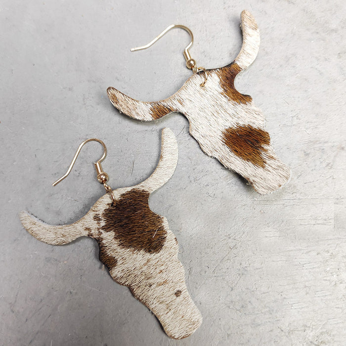 Lightweight Western Cowboy Earrings with Long Hair Leather and Bullhead Design