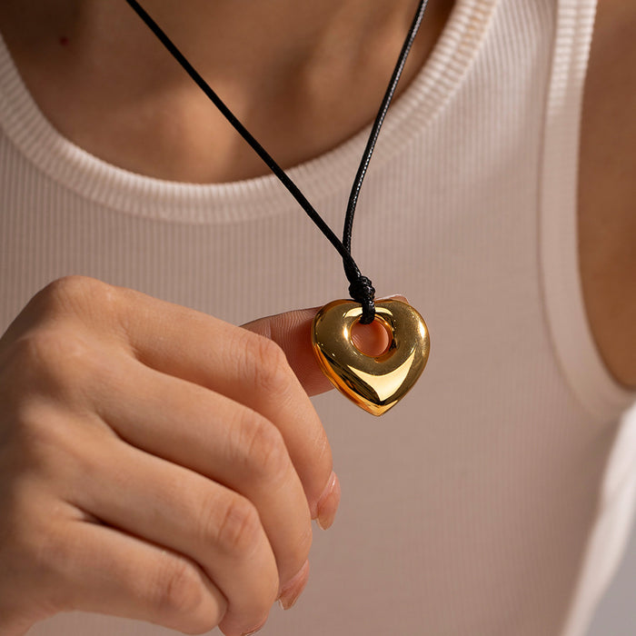 INS-Style Hollow Heart Pendant Necklace - Black Cord Stainless Steel for a Luxurious and Unique Look