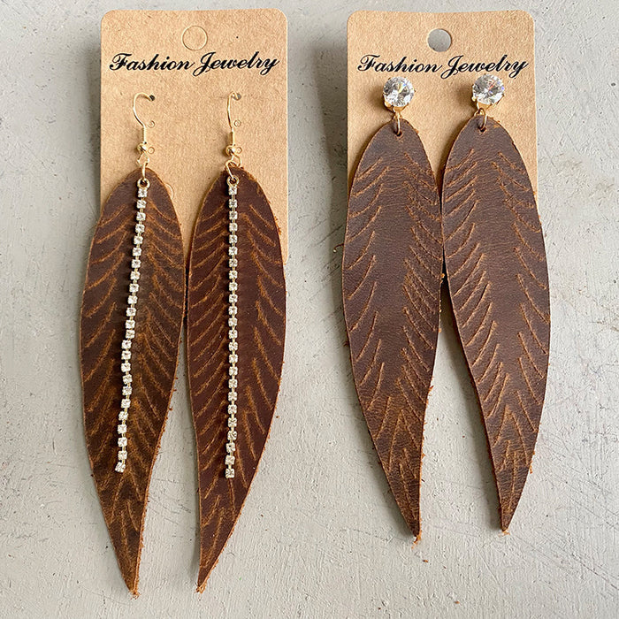 Crazy Horse Leather Earrings with Zircon Leaf and Western Feather Design