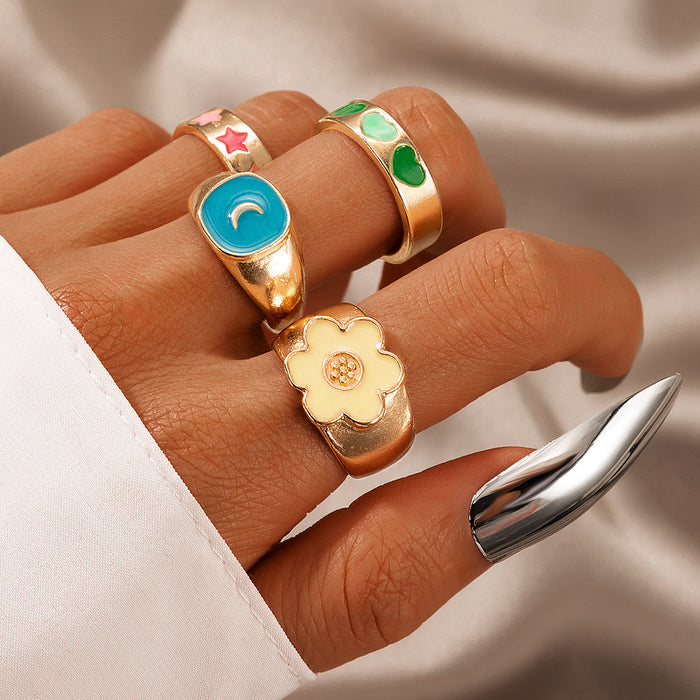 Colorful oil drip love flower star moon ring 4-piece set