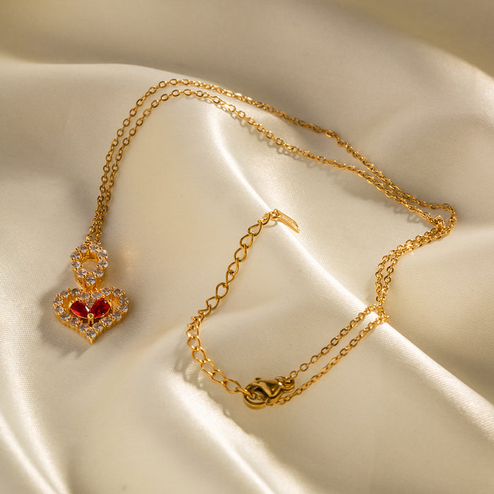 18K Gold-Plated Stainless Steel Necklace - Red and White Zircon Water Drop Pendant for Women