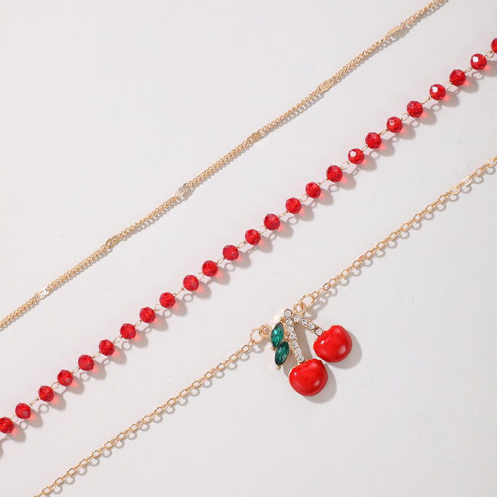 Cherry Red Beaded Triple Anklet Set - Fashionable Fruit-Inspired Ankle Bracelets