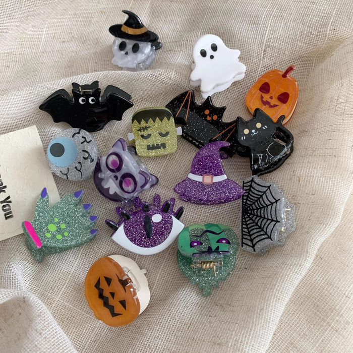 Wholesale Halloween Acrylic Mini Hair Clips Set - Spooky Ghost, Pumpkin, Bat & Witch Hat Hair Claws & Barrettes