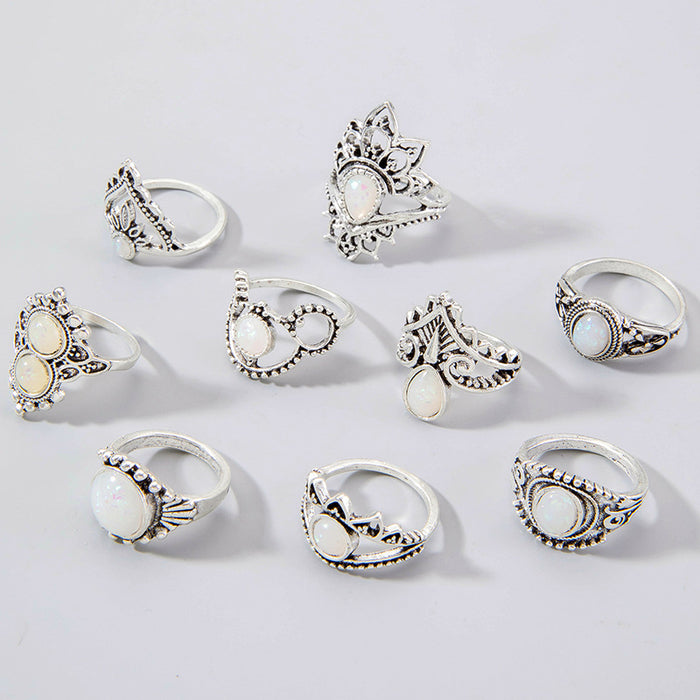 Retro Opal Ring Set - Creative Geometric Oval Knuckle Nine-Piece Set