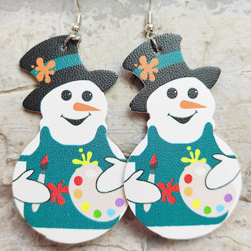 Christmas Snowman Leather Earrings with Sports Ball Design