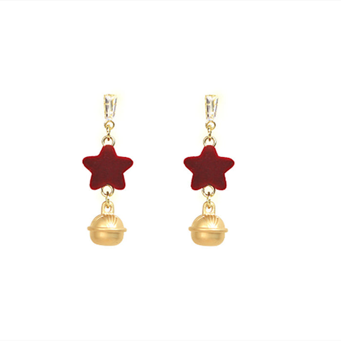 Christmas red five-pointed star earrings sweet bell silver needle earrings