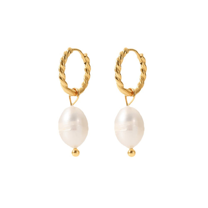 French Style Freshwater Pearl Twist Earrings - 18K Gold PVD Stainless Steel Jewelry