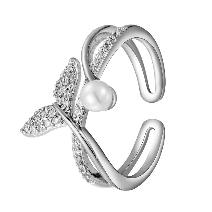 Wholesale colored gold micro-set zircon pearl fishtail ring