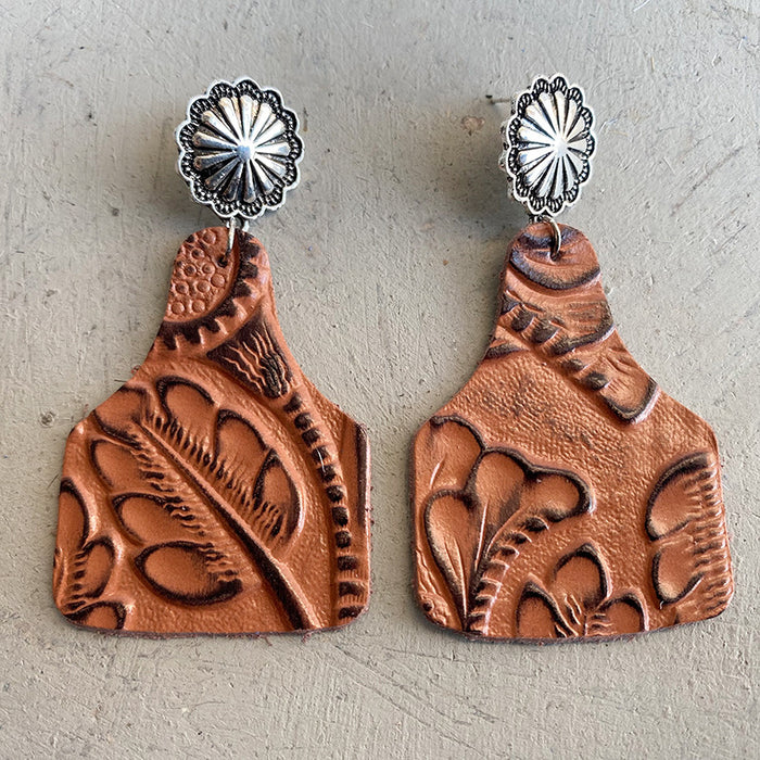 Pendientes de cuero repujado con diseño de flor de calabaza de metal y estilo vaquero occidental