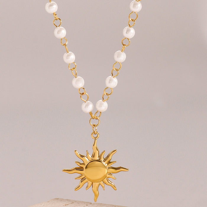 Stainless Steel Pearl Necklace Sunflower Pendant Titanium Steel