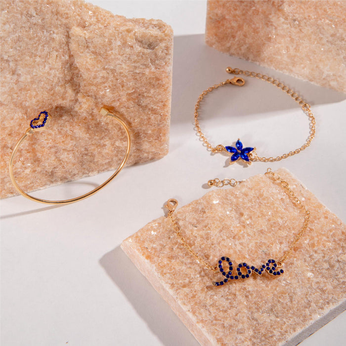 Juego de pulseras de lujo con corazón de flor y diamantes de imitación de zafiro azul: joyería creativa con letras de amor