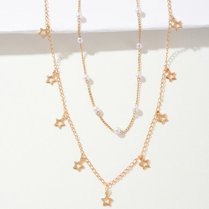 Double Layered Chain Necklace with Pearl and Star Pendants - Stylish Everyday Accessory