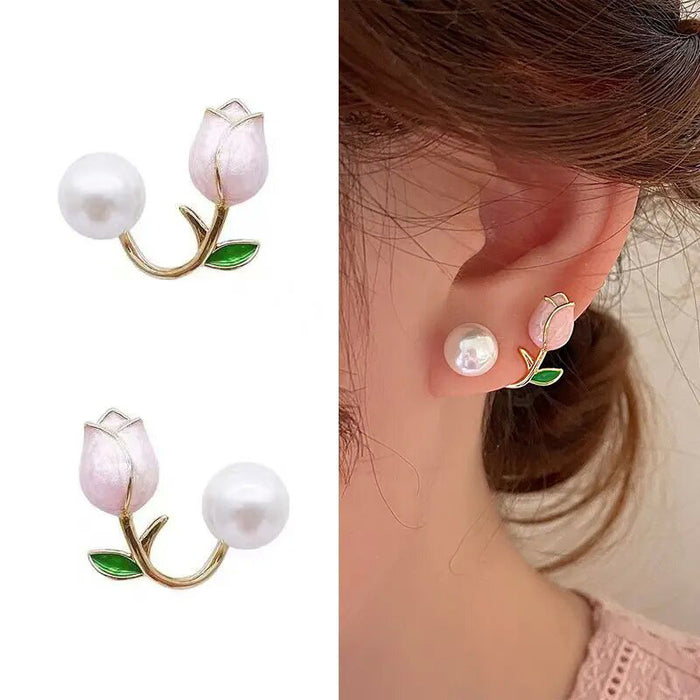 Pendientes de moda con forma de tulipán y clip de perlas de imitación