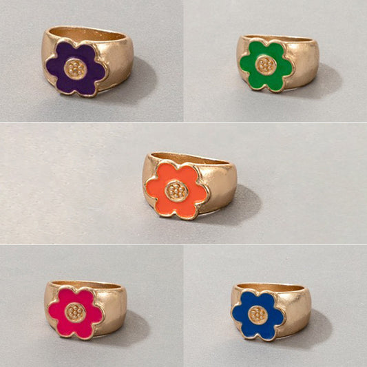 Candy Color Flower Oil Drop Geometric Ring