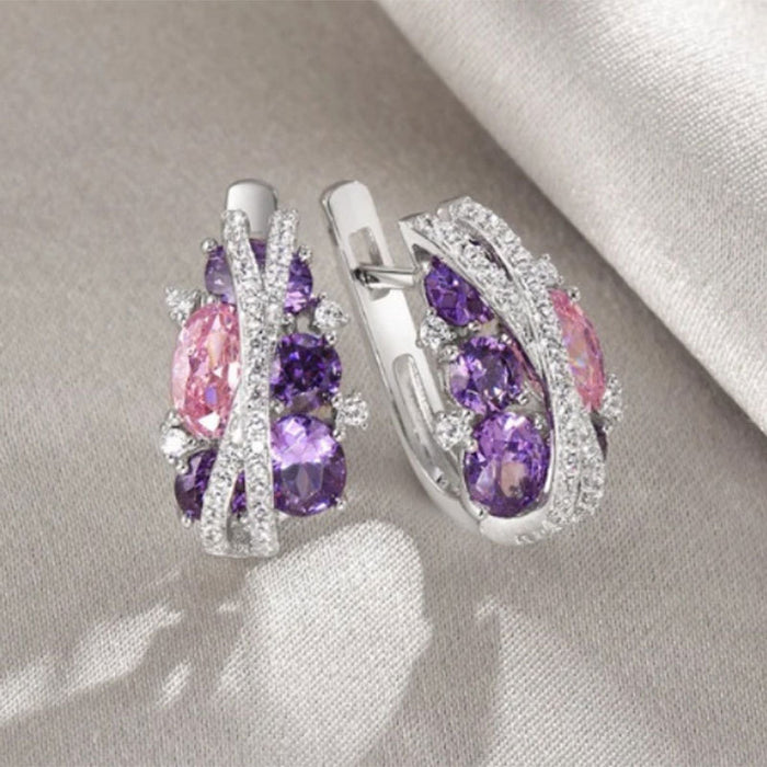 Pink zircon ear buckle vintage double-layer hollow earrings