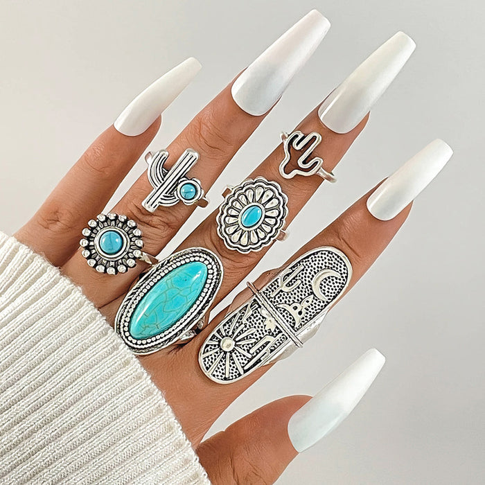 Turquoise Ring Set - 6pcs Vintage Cactus Moon Knuckle Rings