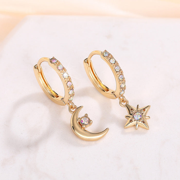 Star Moon Earrings Japanese and Korean Asymmetric Diamond Earrings