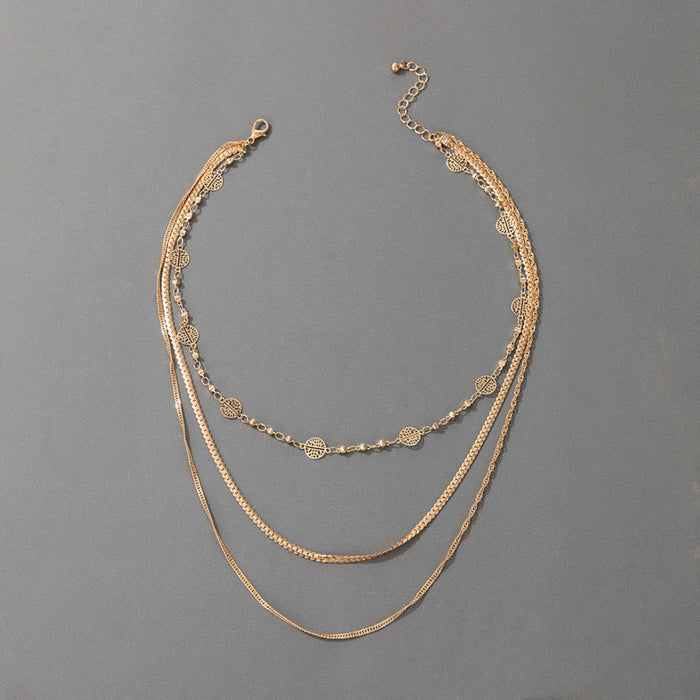 Alloy Snake Bone Multilayer Necklace - Round Leaf Triple-Layer Chain Set