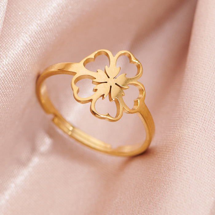 Anillo de estambre de amor de planta, anillo de acero inoxidable abierto con flor de durazno pequeña de estilo europeo y americano al por mayor