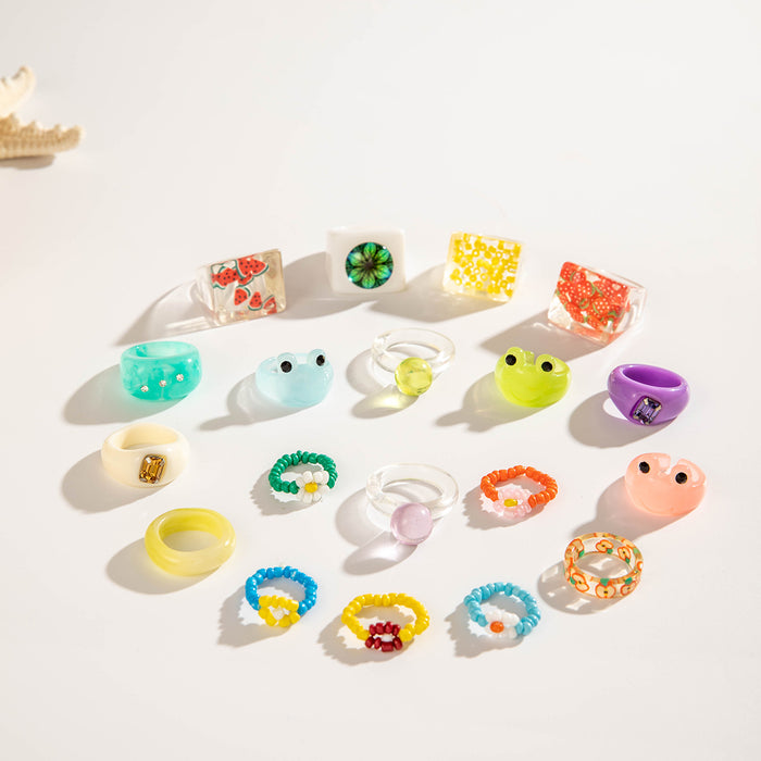 Dopamine Colorful Fruit Bead Rings – Frog Acrylic Ring Set, 5-Piece Mix