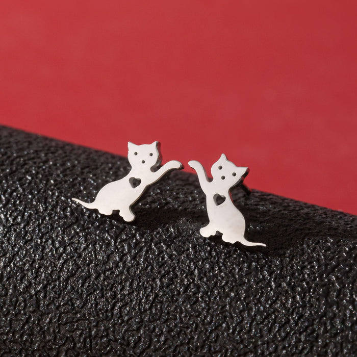 Pendientes asimétricos de acero inoxidable con forma de gato y perro: joyas de animales adorables y divertidas