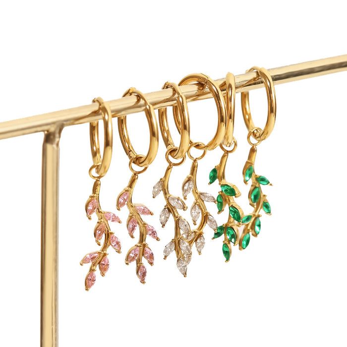 18K Gold Plated Stainless Steel Zircon Hoop Earrings - Classic Design with White, Pink, and Green Zircon