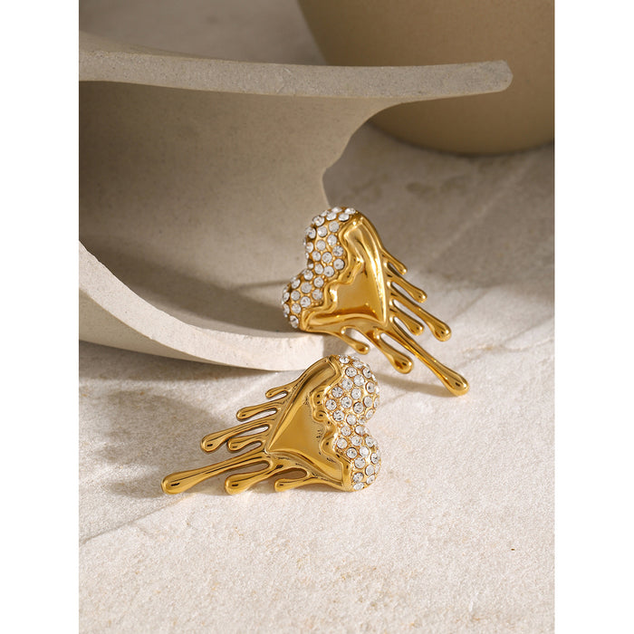 Original Design 18K Gold Stainless Steel Heart-Shaped Flowing Liquid Earrings with Diamonds