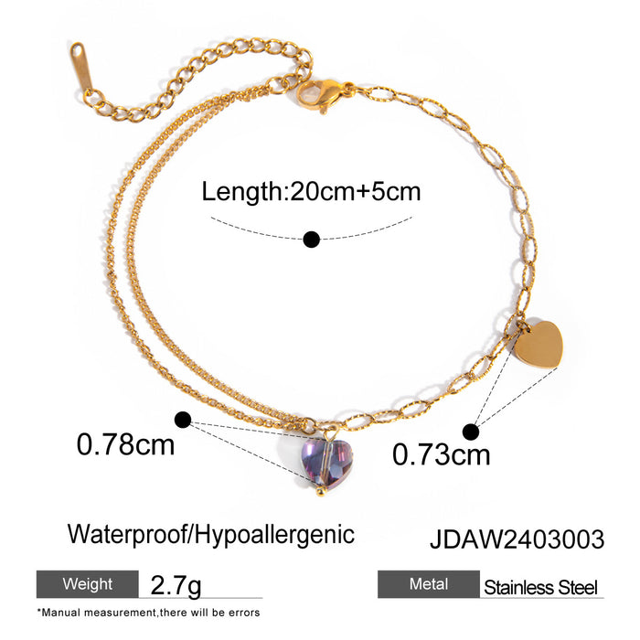 18K Gold Plated Stainless Steel Double Layer Anklet - 2024 Trendy Purple Gradient Heart Titanium Steel Jewelry