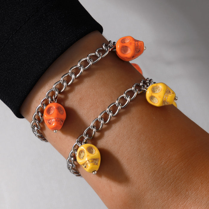 Halloween Pumpkin Enamel Anklet with Cat and Ghost Bead Charm