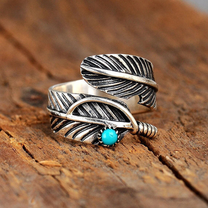 Women's open adjustable imitation turquoise feather texture ring