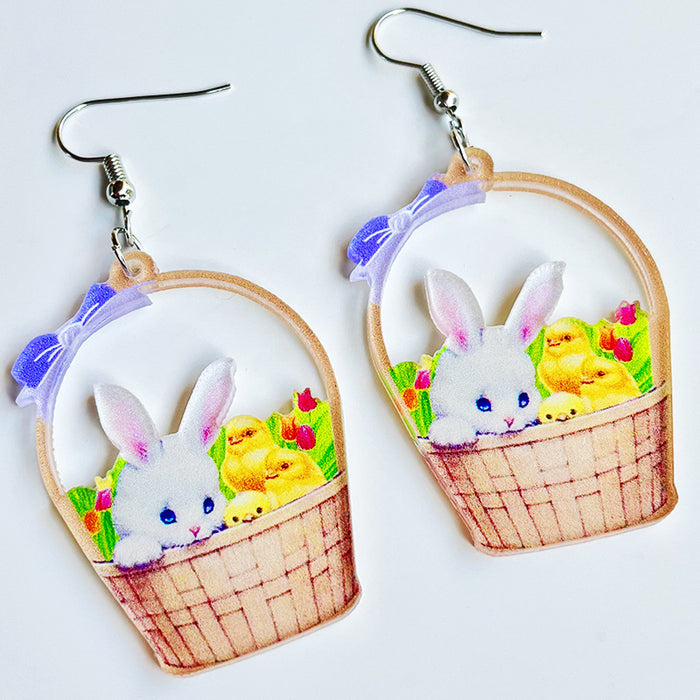 Easter Earrings with Bunny, Flower Basket, and Colorful Egg Designs