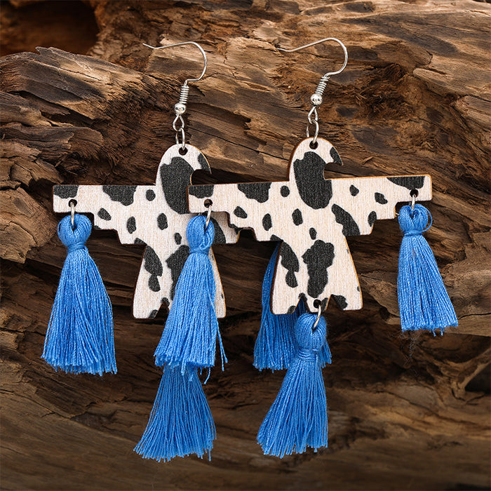 Bohemian Western Thunderbird Tassel Earrings with Cow Print and Wooden Design