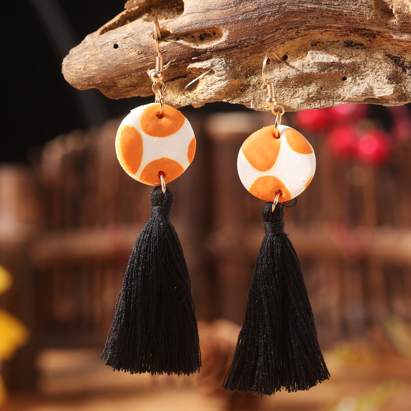 Western Cow Print Tassel Earrings with Soft Clay Design