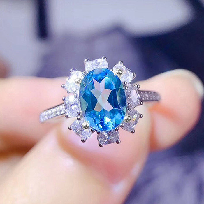 Colored Gemstone Series Ring Sea Blue Zircon Women's Ring Fashionable Tik Tok Live Broadcasting Model