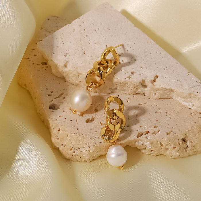 New 18K Gold Plated Baroque Pearl Drop Earrings - Geometric Cuban Link Freshwater Pearl Jewelry