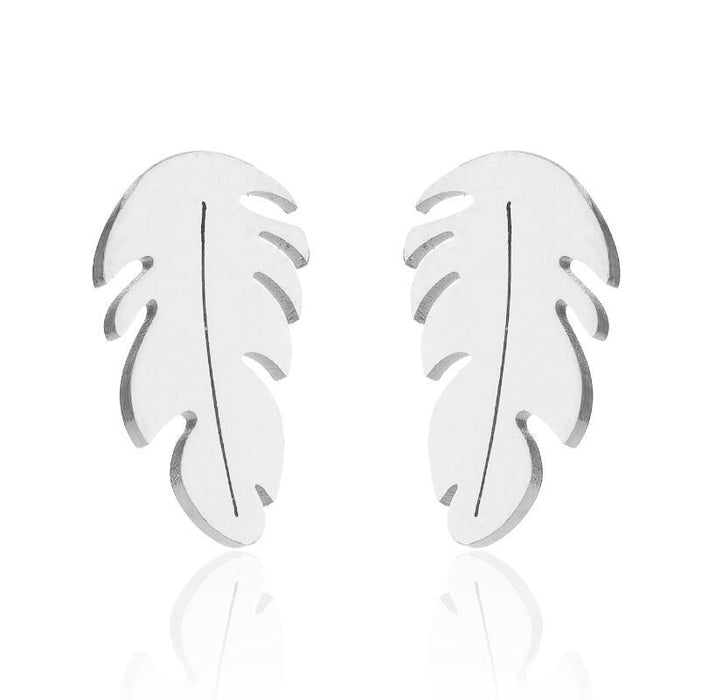 Feather and Leaf Stainless Steel Stud Earrings - Simple and Elegant Jewelry