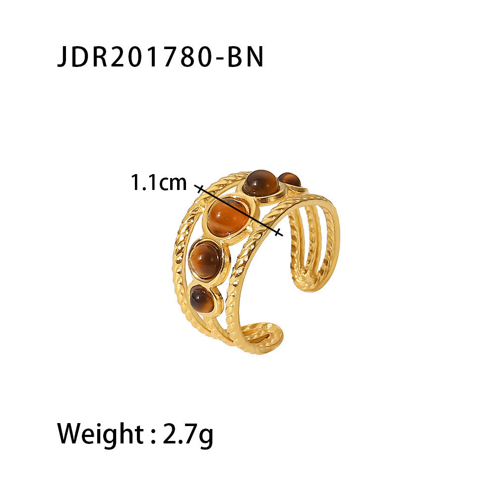 18K Gold Stainless Steel Round Zircon Ring with Weave Design