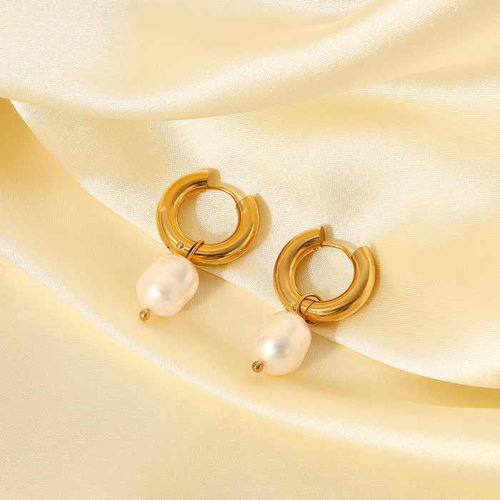 European Minimalist 18K Gold Stainless Steel Earrings - Natural Freshwater Pearl Pendant Hoop Earrings