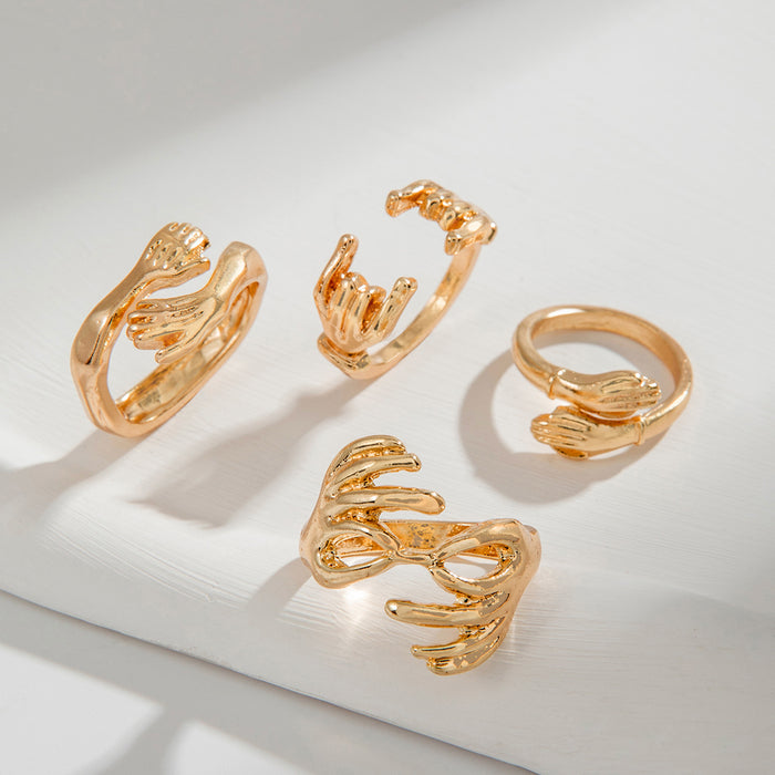 Design-Inspired Double-Hand Embrace Ring Set – Creative Hand-Palm Gold Open Rings, 4-Piece Collection