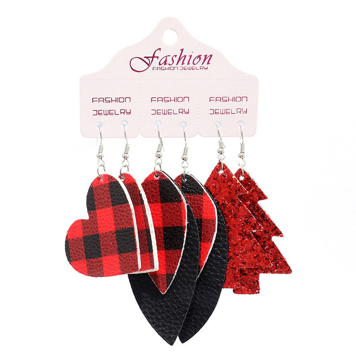 Christmas Set Earrings with Buffalo Plaid Hearts and Christmas Tree Design