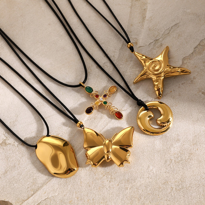 18K Gold-Plated Stainless Steel Pendant Necklace with Black Cord - Simple Butterfly Knot and Starfish Design