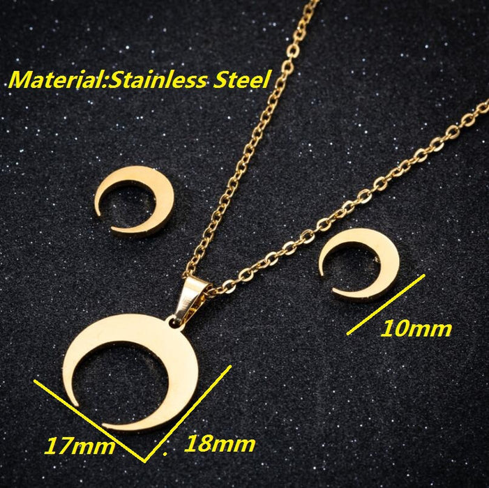 Moon Crescent Stainless Steel Jewelry Set - Geometric Simple Necklace and Earrings