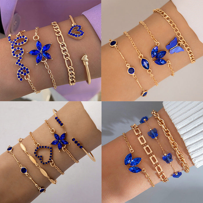 Luxury Faux Blue Sapphire Rhinestone Flower Heart Bracelet Set - Creative Love Letter Jewelry