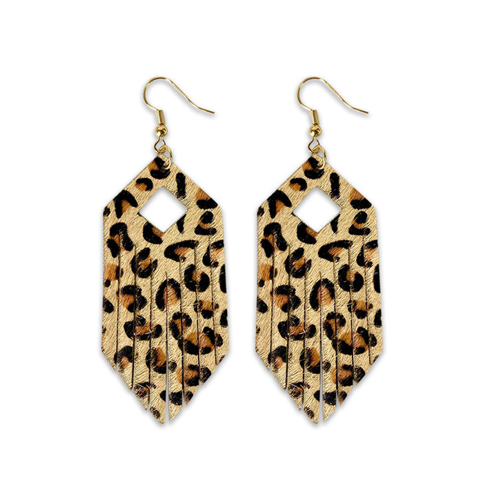 Bohemian Tassel Earrings with Leopard Print and Gold Dots on Cowhide Leather