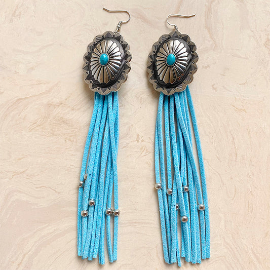 Western Pumpkin Flower Long Tassel Earrings with Vintage Turquoise Leather