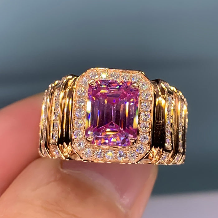 Anillo de bodas de cuarzo rosa con diamantes cuadrados y circonitas coloreadas Anillo de compromiso