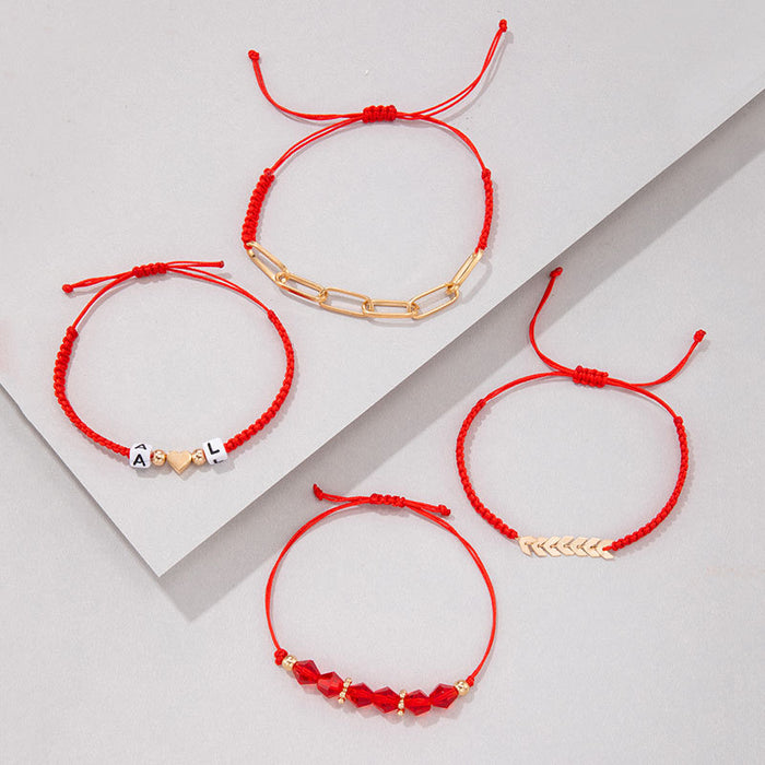 Heart Leaf Bracelet Set - Red String Four-Piece Women’s Jewelry